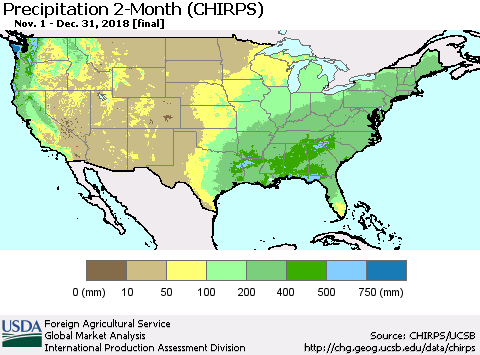 United States Precipitation 2-Month (CHIRPS) Thematic Map For 11/1/2018 - 12/31/2018