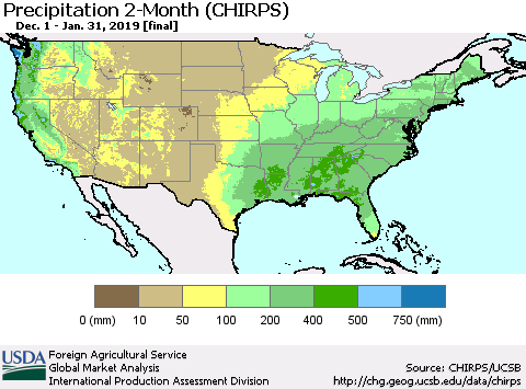 United States Precipitation 2-Month (CHIRPS) Thematic Map For 12/1/2018 - 1/31/2019