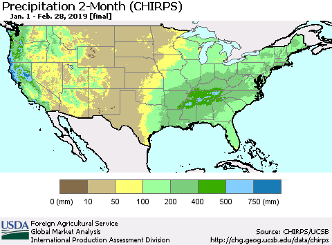 United States Precipitation 2-Month (CHIRPS) Thematic Map For 1/1/2019 - 2/28/2019