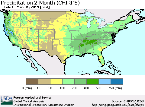 United States Precipitation 2-Month (CHIRPS) Thematic Map For 2/1/2019 - 3/31/2019