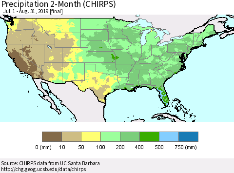 United States Precipitation 2-Month (CHIRPS) Thematic Map For 7/1/2019 - 8/31/2019