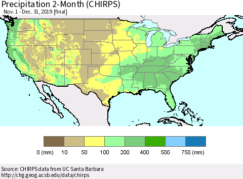 United States Precipitation 2-Month (CHIRPS) Thematic Map For 11/1/2019 - 12/31/2019