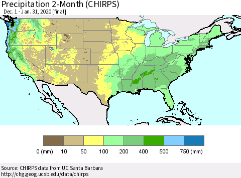 United States Precipitation 2-Month (CHIRPS) Thematic Map For 12/1/2019 - 1/31/2020