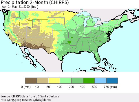 United States Precipitation 2-Month (CHIRPS) Thematic Map For 4/1/2020 - 5/31/2020