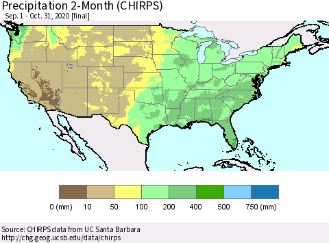 United States Precipitation 2-Month (CHIRPS) Thematic Map For 9/1/2020 - 10/31/2020