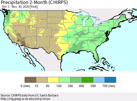 United States Precipitation 2-Month (CHIRPS) Thematic Map For 10/1/2020 - 11/30/2020