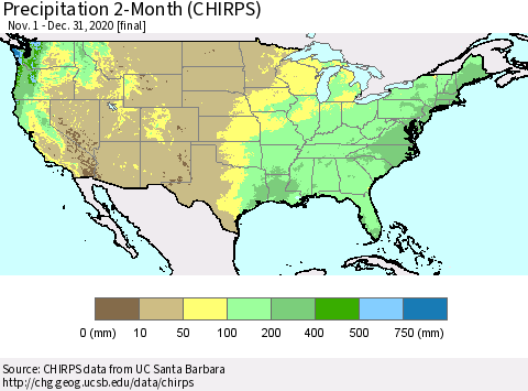 United States Precipitation 2-Month (CHIRPS) Thematic Map For 11/1/2020 - 12/31/2020