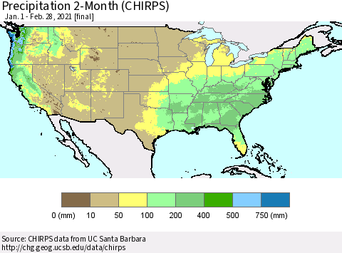 United States Precipitation 2-Month (CHIRPS) Thematic Map For 1/1/2021 - 2/28/2021