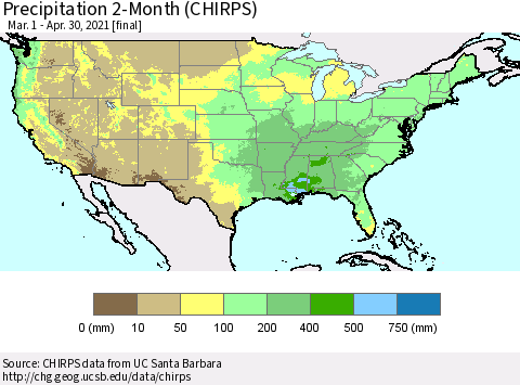 United States Precipitation 2-Month (CHIRPS) Thematic Map For 3/1/2021 - 4/30/2021