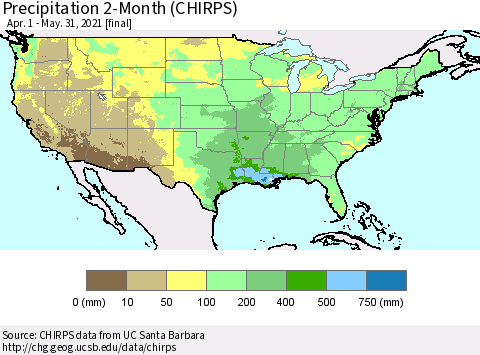 United States Precipitation 2-Month (CHIRPS) Thematic Map For 4/1/2021 - 5/31/2021