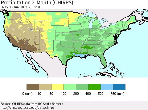 United States Precipitation 2-Month (CHIRPS) Thematic Map For 5/1/2021 - 6/30/2021