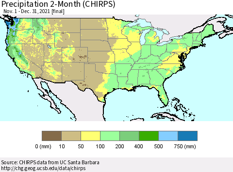 United States Precipitation 2-Month (CHIRPS) Thematic Map For 11/1/2021 - 12/31/2021