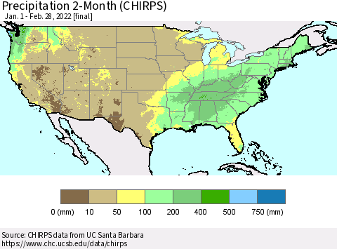 United States Precipitation 2-Month (CHIRPS) Thematic Map For 1/1/2022 - 2/28/2022