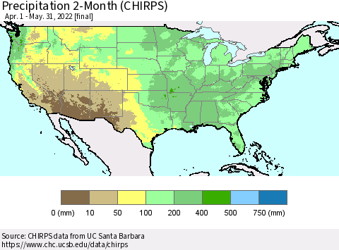United States Precipitation 2-Month (CHIRPS) Thematic Map For 4/1/2022 - 5/31/2022
