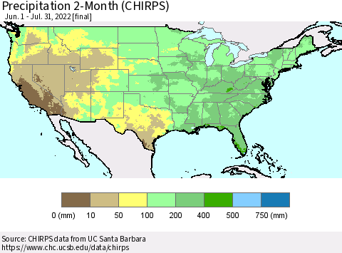 United States Precipitation 2-Month (CHIRPS) Thematic Map For 6/1/2022 - 7/31/2022