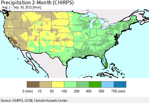 United States Precipitation 2-Month (CHIRPS) Thematic Map For 8/1/2022 - 9/30/2022