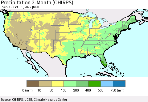 United States Precipitation 2-Month (CHIRPS) Thematic Map For 9/1/2022 - 10/31/2022