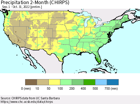 United States Precipitation 2-Month (CHIRPS) Thematic Map For 9/1/2022 - 10/31/2022