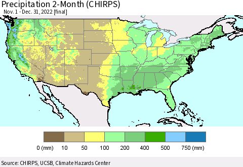 United States Precipitation 2-Month (CHIRPS) Thematic Map For 11/1/2022 - 12/31/2022
