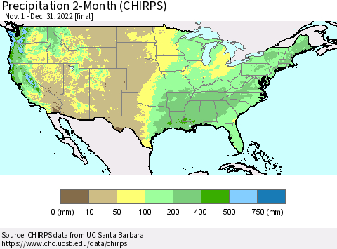 United States Precipitation 2-Month (CHIRPS) Thematic Map For 11/1/2022 - 12/31/2022
