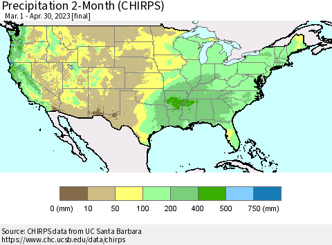 United States Precipitation 2-Month (CHIRPS) Thematic Map For 3/1/2023 - 4/30/2023