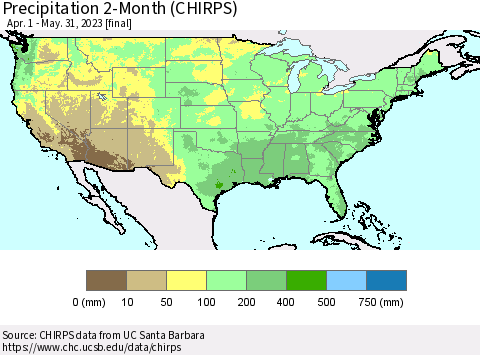 United States Precipitation 2-Month (CHIRPS) Thematic Map For 4/1/2023 - 5/31/2023