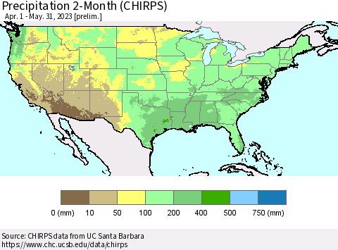 United States Precipitation 2-Month (CHIRPS) Thematic Map For 4/1/2023 - 5/31/2023