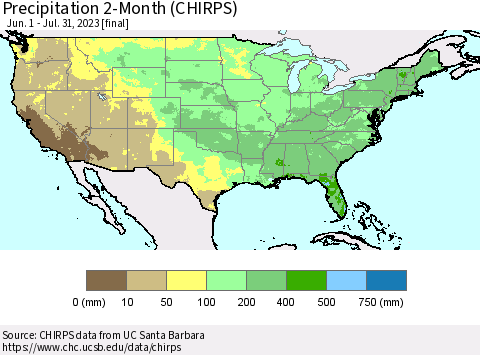 United States Precipitation 2-Month (CHIRPS) Thematic Map For 6/1/2023 - 7/31/2023
