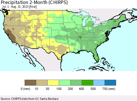 United States Precipitation 2-Month (CHIRPS) Thematic Map For 7/1/2023 - 8/31/2023