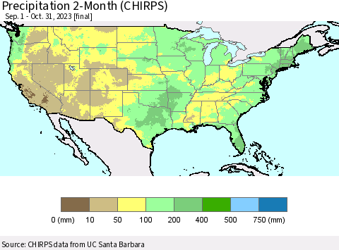 United States Precipitation 2-Month (CHIRPS) Thematic Map For 9/1/2023 - 10/31/2023