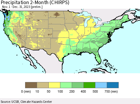 United States Precipitation 2-Month (CHIRPS) Thematic Map For 11/1/2023 - 12/31/2023