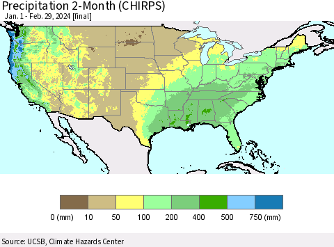 United States Precipitation 2-Month (CHIRPS) Thematic Map For 1/1/2024 - 2/29/2024