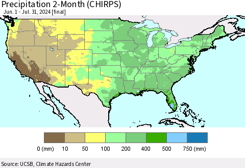 United States Precipitation 2-Month (CHIRPS) Thematic Map For 6/1/2024 - 7/31/2024