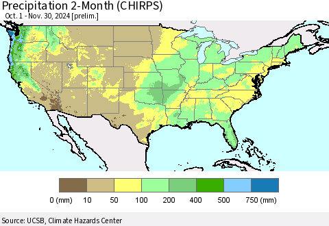 United States Precipitation 2-Month (CHIRPS) Thematic Map For 10/1/2024 - 11/30/2024