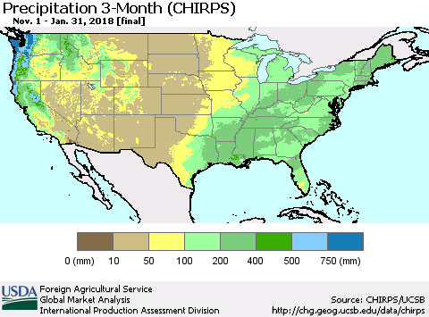 United States Precipitation 3-Month (CHIRPS) Thematic Map For 11/1/2017 - 1/31/2018
