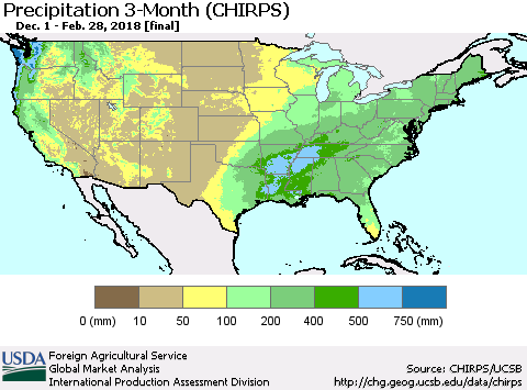 United States Precipitation 3-Month (CHIRPS) Thematic Map For 12/1/2017 - 2/28/2018
