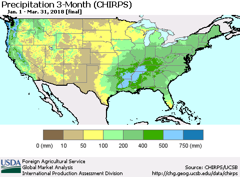 United States Precipitation 3-Month (CHIRPS) Thematic Map For 1/1/2018 - 3/31/2018
