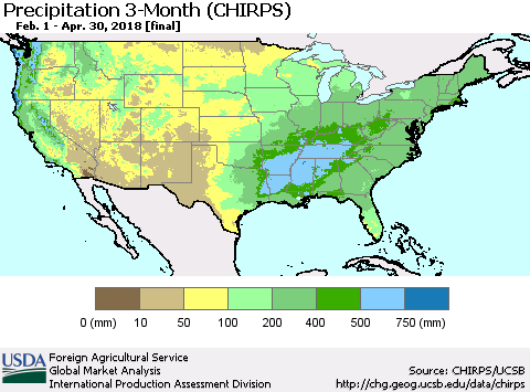United States Precipitation 3-Month (CHIRPS) Thematic Map For 2/1/2018 - 4/30/2018
