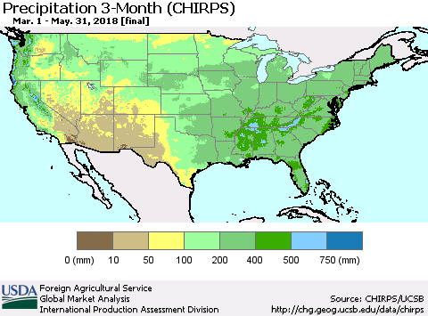 United States Precipitation 3-Month (CHIRPS) Thematic Map For 3/1/2018 - 5/31/2018
