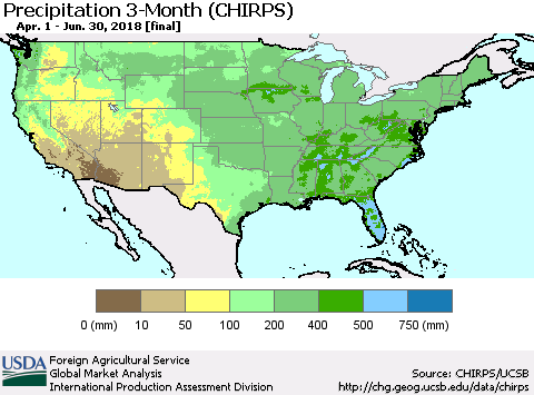 United States Precipitation 3-Month (CHIRPS) Thematic Map For 4/1/2018 - 6/30/2018