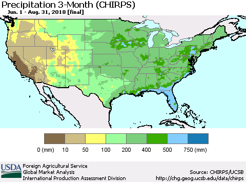 United States Precipitation 3-Month (CHIRPS) Thematic Map For 6/1/2018 - 8/31/2018
