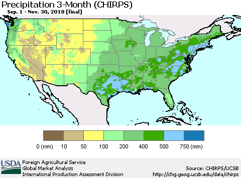 United States Precipitation 3-Month (CHIRPS) Thematic Map For 9/1/2018 - 11/30/2018