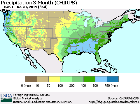 United States Precipitation 3-Month (CHIRPS) Thematic Map For 11/1/2018 - 1/31/2019