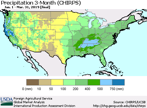 United States Precipitation 3-Month (CHIRPS) Thematic Map For 1/1/2019 - 3/31/2019
