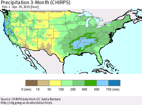United States Precipitation 3-Month (CHIRPS) Thematic Map For 2/1/2019 - 4/30/2019