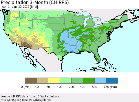 United States Precipitation 3-Month (CHIRPS) Thematic Map For 4/1/2019 - 6/30/2019