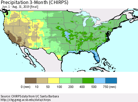 United States Precipitation 3-Month (CHIRPS) Thematic Map For 6/1/2019 - 8/31/2019