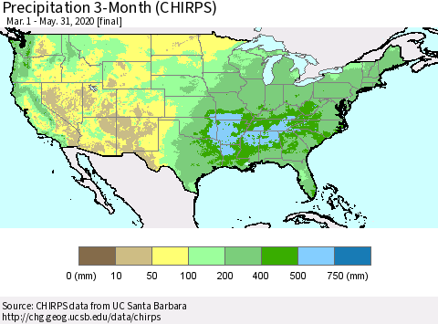 United States Precipitation 3-Month (CHIRPS) Thematic Map For 3/1/2020 - 5/31/2020