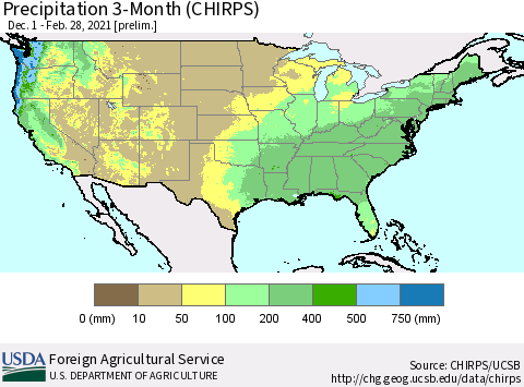 United States Precipitation 3-Month (CHIRPS) Thematic Map For 12/1/2020 - 2/28/2021