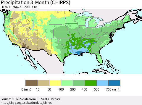 United States Precipitation 3-Month (CHIRPS) Thematic Map For 3/1/2021 - 5/31/2021